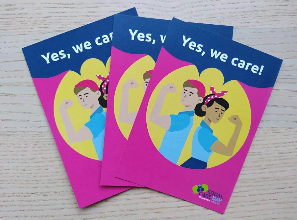 Flyer für den Equal Care Day mit Schrift "Yes we care!"